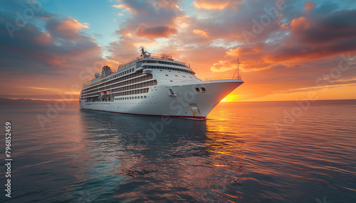 A Luxury cruise ship sailing to port on sunrise