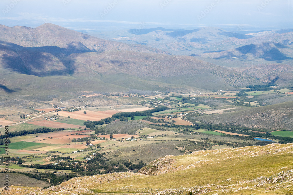 Naklejka premium View of farmland from the top of the Swartberg pass, south Africa