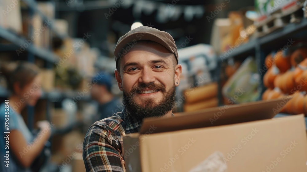 Male volunteer distributes food at international refugee assistance center. Male volunteer distributes food at international refugee assistance center.