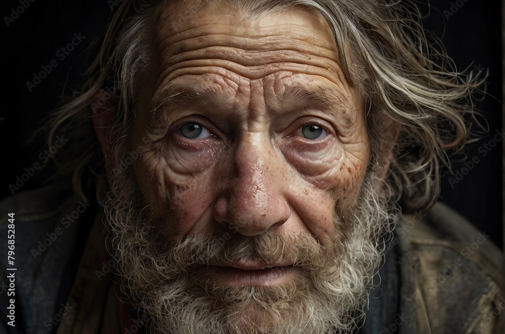Homeless weathered man with a thick beard on a dark background. Portrait on dark background. AI generated Homeless weathered man with a thick beard on a dark background. Portrait on dark background. AI generated