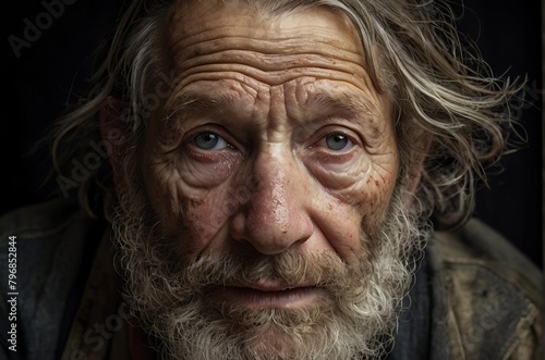 Homeless weathered man with a thick beard on a dark background. Portrait on dark background. AI generated