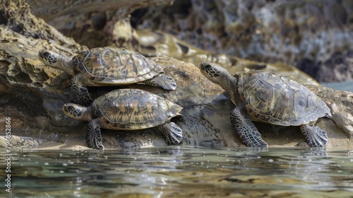 A family of turtles basking in the sun on a rocky shoreline, showcasing the bond and harmony of life in their natural habitat.