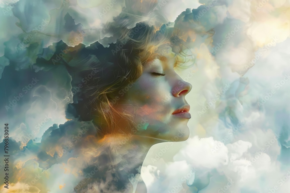 ethereal portrait of a middleaged woman composed of dreamy clouds digital painting