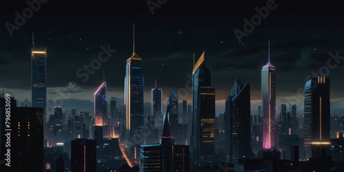 cyberpunk city with lightsgold glitter twinkling in the night photo