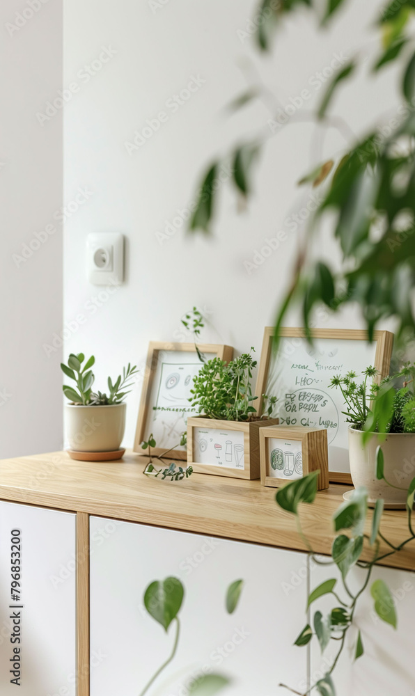 Plants and photo frames placed in a whitish wooden cabinet.