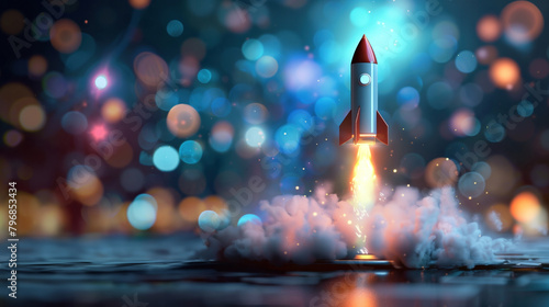 A rocket, is launching into the sky, leaving a trail of smoke behind it. Bokeh background with copy space for text. Spaceship, space shuttle flying out
