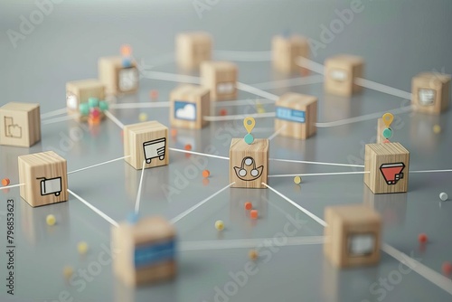 franchise business network concept with wooden blocks and connected store icons 3d rendering photo