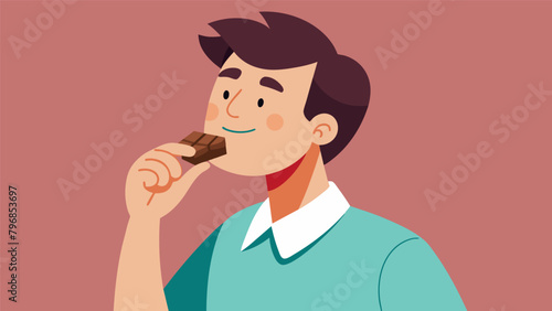 Mindfully taking a small nibble the man lets the chocolate linger on his taste buds taking note of the subtle changes in flavor as it melts in his.