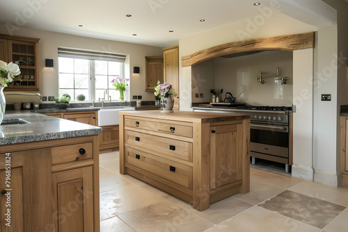Contemporary modern country house wooden kitchen interior with big panoramic windows.