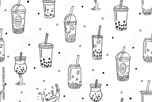 Seamless pattern of hand drawn bubble tea theme elements in doodle style. I love bubble tea. Vector illustration. Boba milk tea, pearl milk tea and yummy drinks banner.