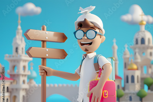3D cartoon tour guide character at a famous landmark, holding a signpost for travel and tourism packages