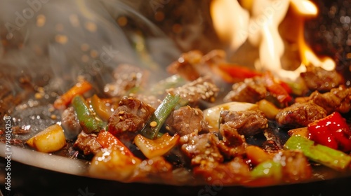 A fiery stir-fry sizzling in a hot wok, with vibrant veggies and tender meat coated in flavorful sauce