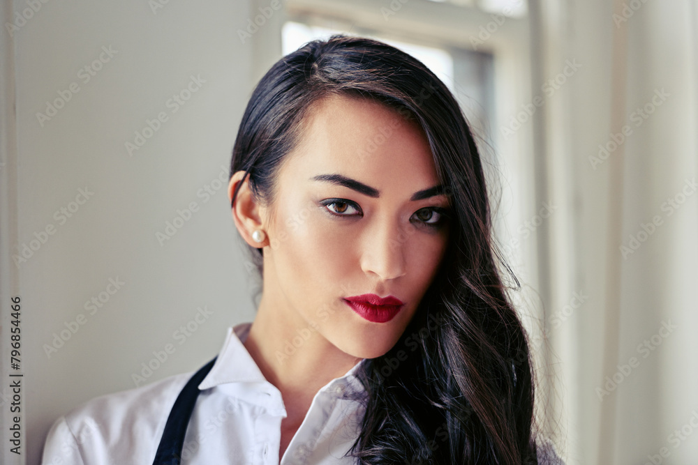 Portrait, home and woman with makeup, hair care and luxury with elegant style, confidence and fashion. Face, apartment and person with salon treatment, keratin and girl with shine, glow and wellness Portrait, home and woman with makeup, hair care and luxury with elegant style, confidence and fashion. Face, apartment and person with salon treatment, keratin and girl with shine, glow and wellness