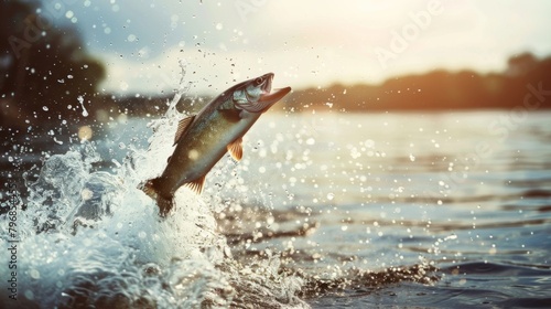 A fish jumping out of the water, caught mid-air, as it fights to escape the hook and line photo