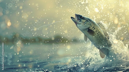 A fish jumping out of the water, caught mid-air, as it fights to escape the hook and line