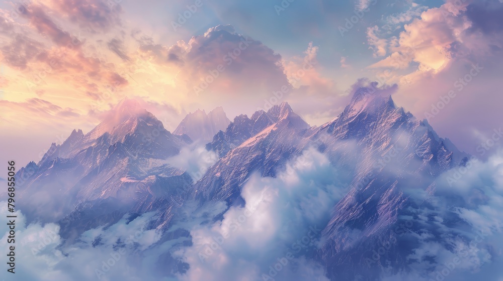 A panoramic image of a majestic mountain range bathed in the soft hues of a pastel sunrise, with clouds gently drifting across the peaks.