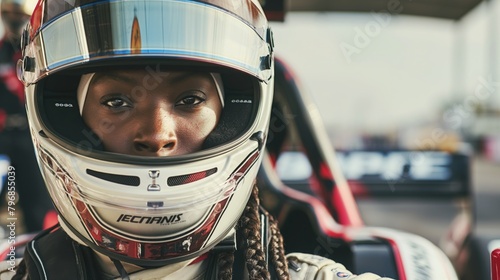 A woman in sports gear sits in a go kart wearing a helmet at a public event