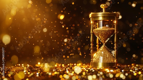 A golden hourglass with sand trickling down, symbolizing the preciousness of time and value of gold photo