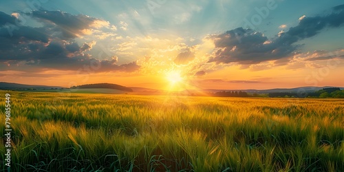 Breathtaking Sunset Over Lush Agricultural Countryside Landscape with Glowing Golden Field and Dramatic Sky