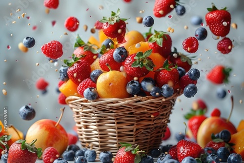 Fresh fruits falling in a basket