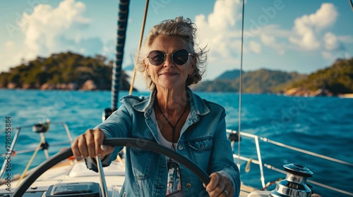 female skipper navigating a sailboat photo