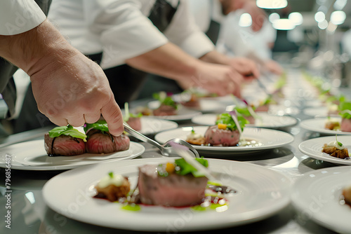 Gourmet chef carefully plating a dish in a commercial kitchen, with a focus on culinary art and fine dining  photo