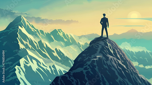 Smart businessman professional for success invest business standing on top of mountain beautiful sun shain.