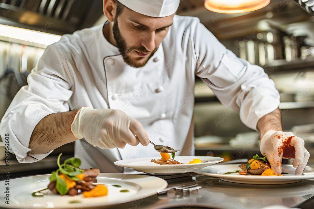 Gourmet chef carefully plating a dish in a commercial kitchen, with a focus on culinary art and fine dining Gourmet chef carefully plating a dish in a commercial kitchen, with a focus on culinary art and fine dining