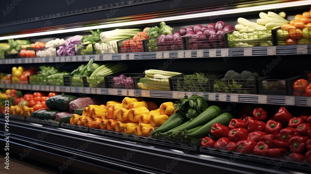 Fruits and vegetables in the refrigerated shelf of a supermarket.