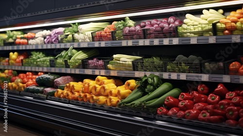 Fruits and vegetables in the refrigerated shelf of a supermarket.