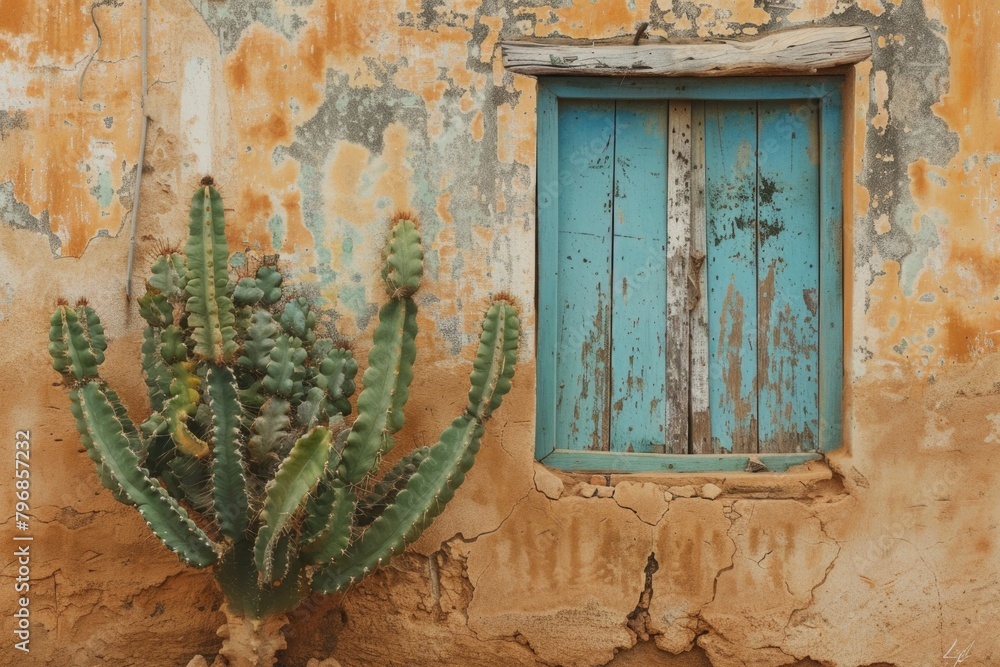 Cactus plants growing near wall with window of old house in mauritania africa