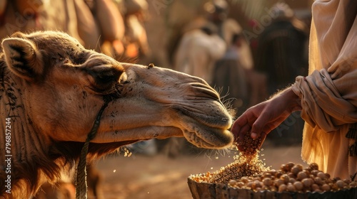 Close-up view of a camel being fed by a human hand photo
