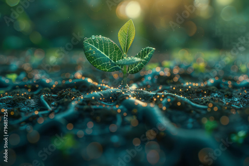 An artificial intelligence interface displayed as a neural network with roots and leaves, symbolizing growth and learning,