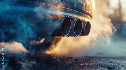 Closeup of exhaust pipes of a car with smoke on the road photo