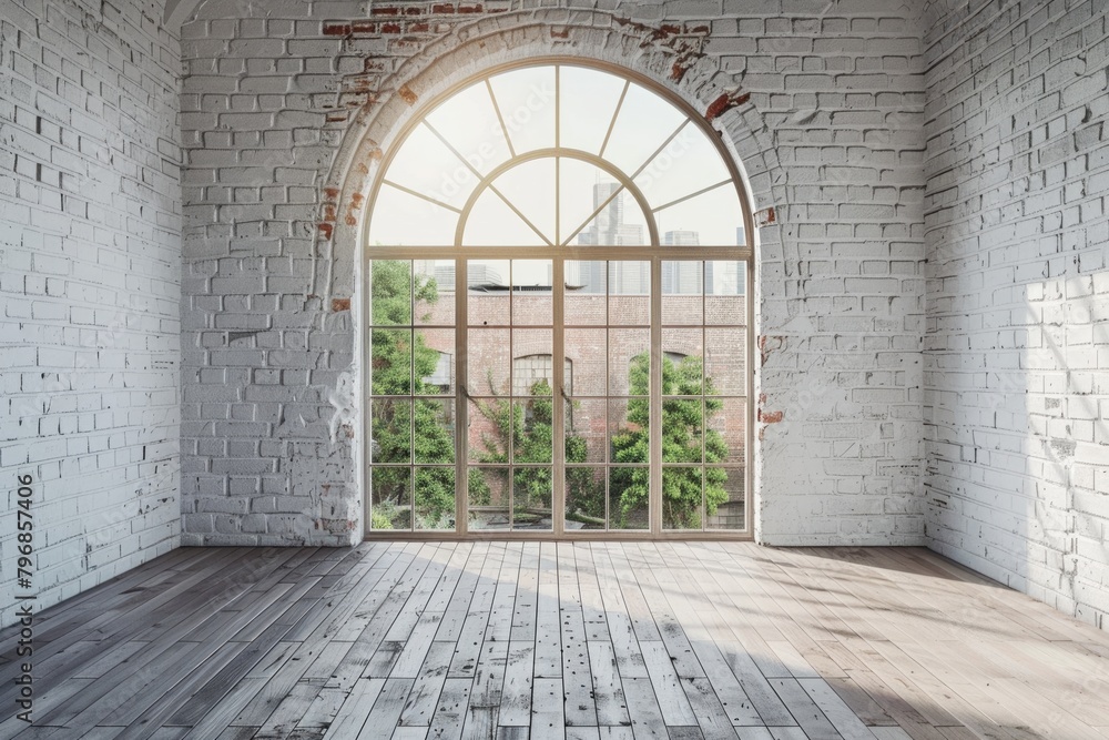 Empty loft studio with brick wall and arched window. Empty loft studio with brick wall and arched window.