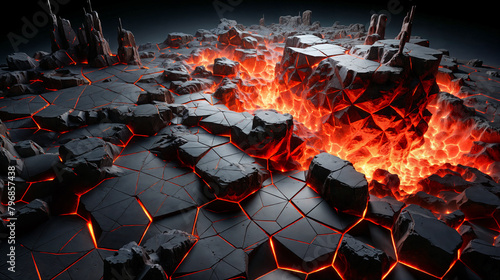 Fiery Molten Lava Flowing Through Hexagonal Rock Formations - Volcanic Apocalypse Landscape photo
