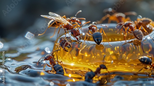 A macro photograph of ants gathering around a drop of sweet nectar, showcasing their affinity for sugary foods and their role as scavengers. photo