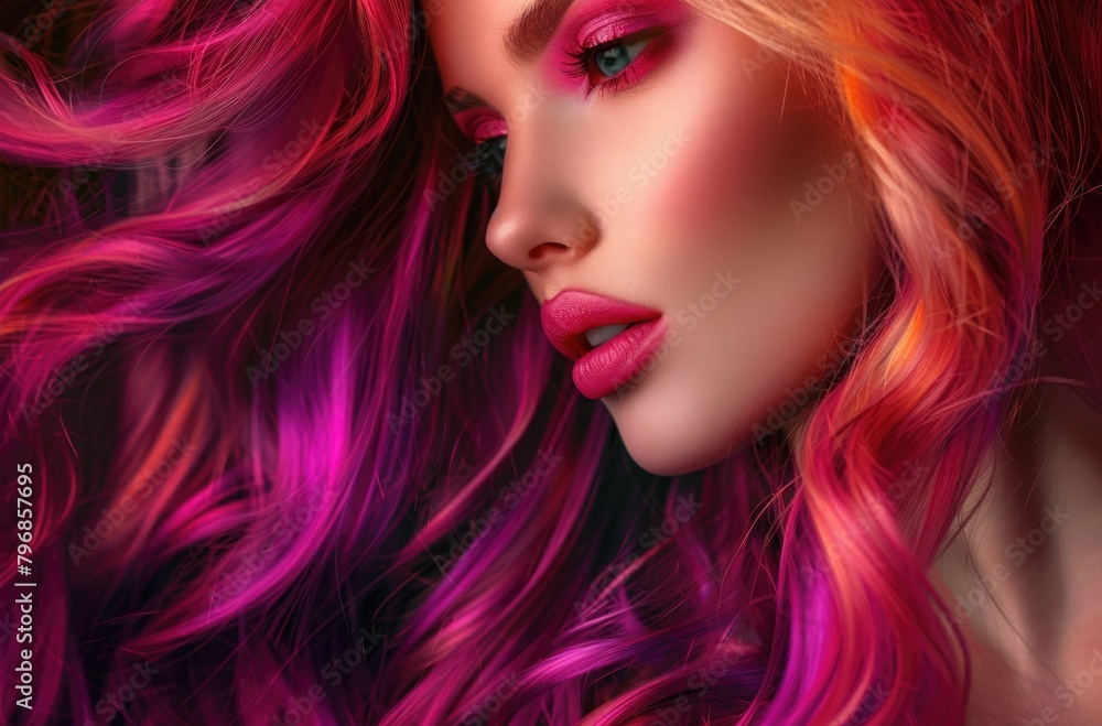 Vibrant Pink Hair and Striking Makeup on a Fashion Model