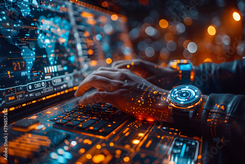 Technologically Advanced Office - Person in Smart Watch and Glasses Working at Computer