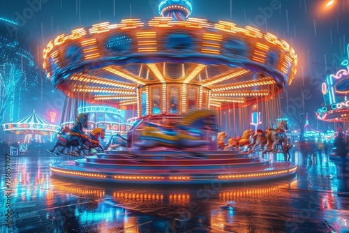 An enchanting rainy evening at the fair with a dynamic and colorful merry-go-round in full swing