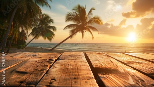 A wooden table with a blurred background of palm trees and the sea, bathed in warm sunlight Empty blank space aside suitable for displaying products Generative AI photo