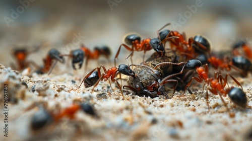 A macro shot of ants working together to dismantle and transport a dead insect back to their nest, highlighting their role as nature's cleaners.