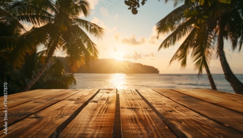A wooden table with a blurred background of palm trees and the sea, bathed in warm sunlight The scene is set on an island during sunset, creating a relaxed atmosphere for product display Generative AI