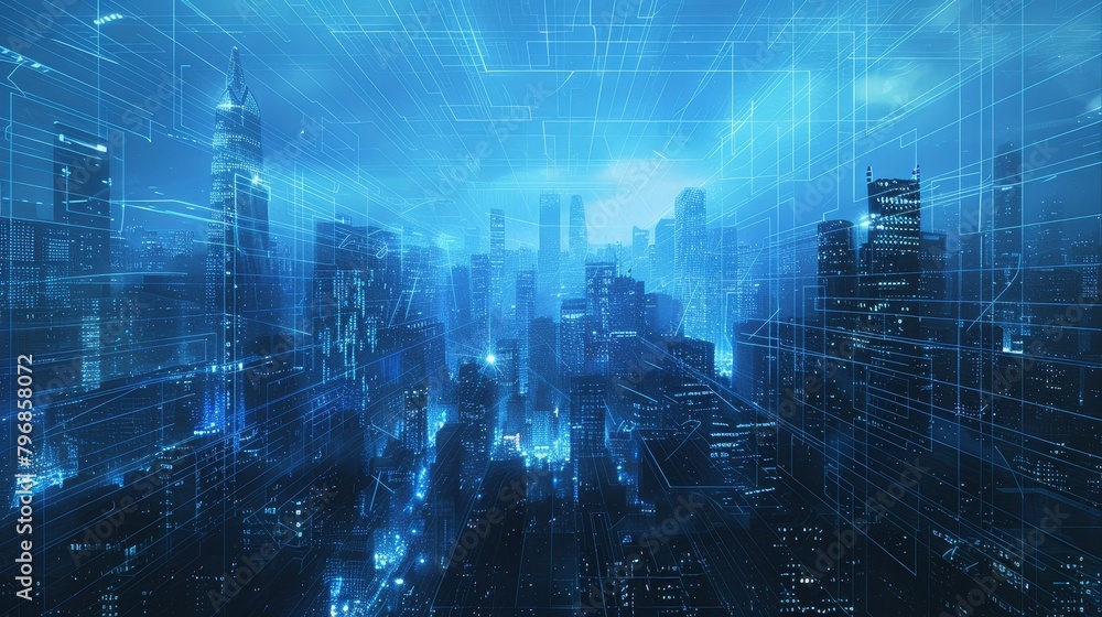 Abstract Grid scape: A photo of a city skyline with a grid pattern overlay Abstract Grid scape: A photo of a city skyline with a grid pattern overlay