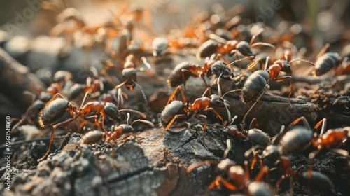 A macro shot of industrious ants working together to transport food across a forest floor, showcasing teamwork and efficiency in nature.