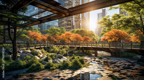 Solitary Walker on a Serene Park Bridge Amidst Autumn Foliage and Modern Cityscape at Sunrise