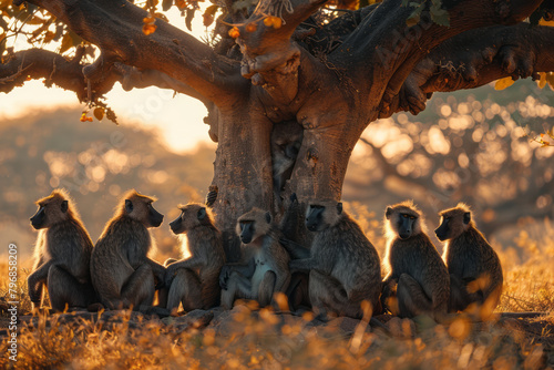 A troop of baboons grooming each other under a baobab tree, the late afternoon light softening their features, photo