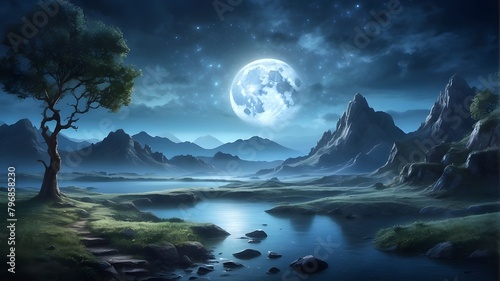 Subject Description: A digital illustration of a mystical landscape bathed in moonlight, blending fantasy and realism to create an enchanting atmosphere © Sabir