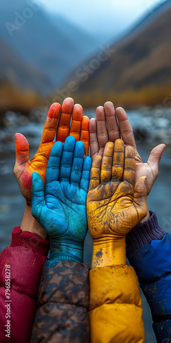 People with their hands extended upwards in the form of gratitude, prayer, worship, at sunset, colorful hands in the form of art
