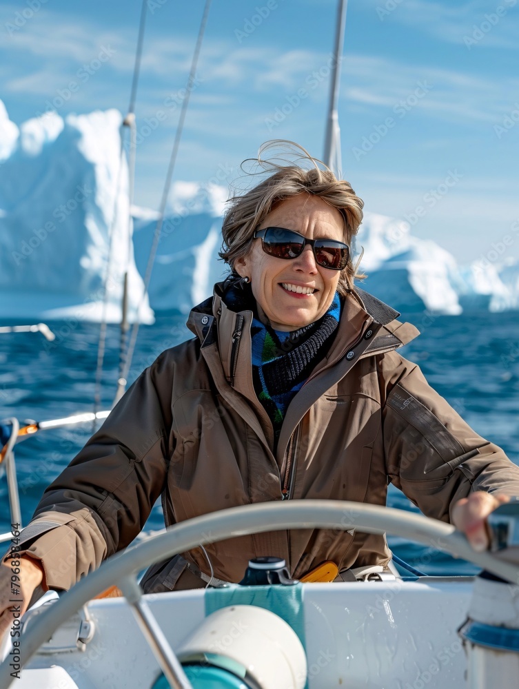 Naklejka premium A woman is steering a boat in the ocean